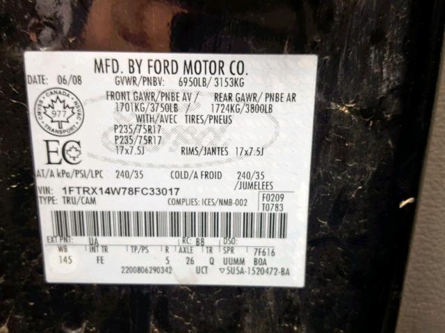 1FTRX14W78FC33017 - 2008 FORD F150 BLACK photo 10