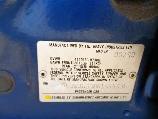 4S3BJ6330R1944936 - 1994 SUBARU LEGACY L BLUE photo 10