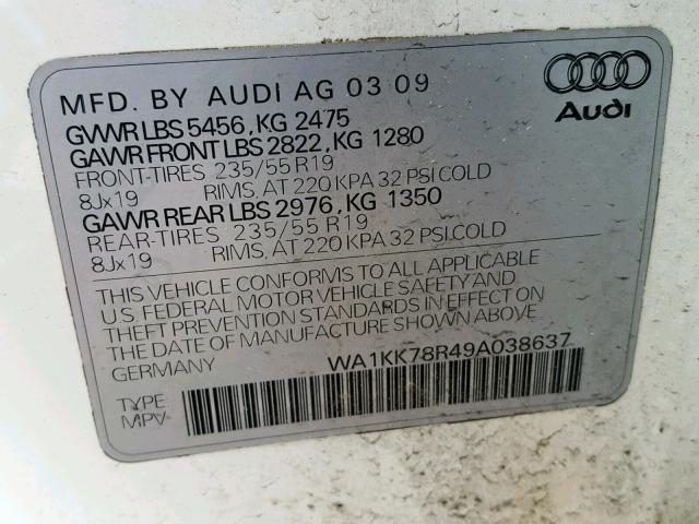 WA1KK78R49A038637 - 2009 AUDI Q5 3.2 WHITE photo 10