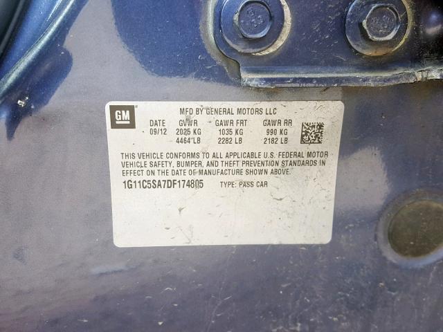 1G11C5SA7DF174805 - 2013 CHEVROLET MALIBU 1LT BLUE photo 10