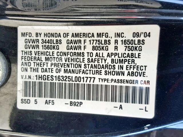 1HGES16325L001777 - 2005 HONDA CIVIC DX V BLACK photo 10