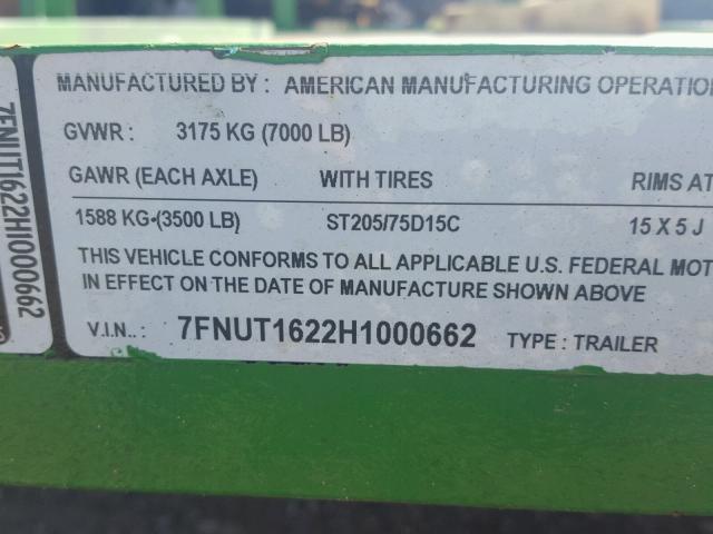 7FNUT1622H1000662 - 2016 AMERICAN MOTORS TRAILER GREEN photo 10