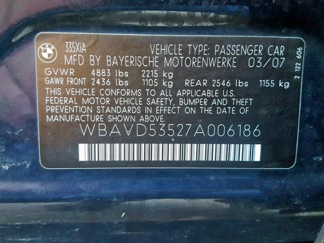 WBAVD53527A006186 - 2007 BMW 335 XI BLUE photo 10