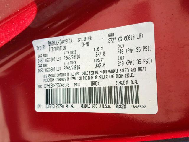 1D7HE28N76S645179 - 2006 DODGE DAKOTA QUA RED photo 10