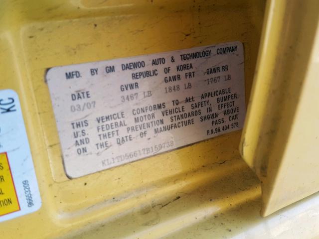 KL1TD56617B159738 - 2007 CHEVROLET AVEO BASE Sarı foto 10