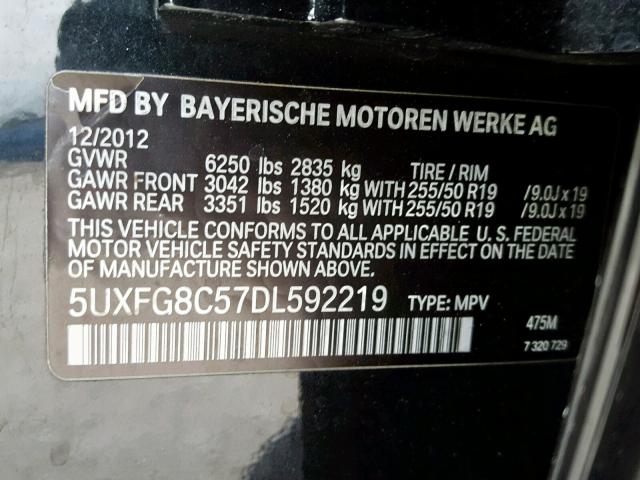 5UXFG8C57DL592219 - 2013 BMW X6 XDRIVE5 შავი ფოტო 10