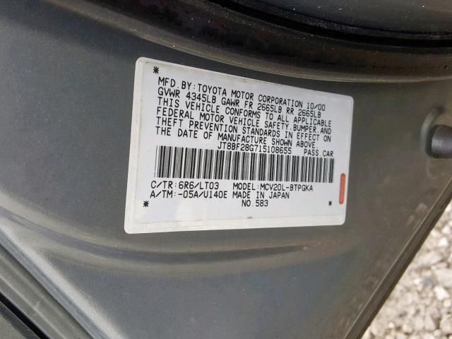 JT8BF28G715108655 - 2001 LEXUS ES 300 GRAY photo 10