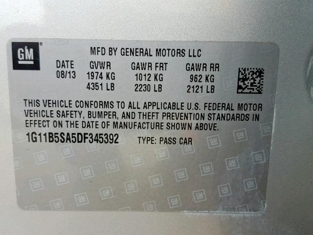 1G11B5SA5DF345392 - 2013 CHEVROLET MALIBU LS SILVER photo 10