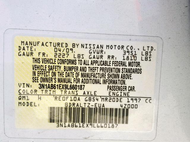 3N1AB61EX9L660187 - 2009 NISSAN SENTRA 2.0 WHITE photo 10