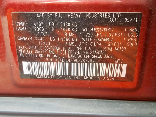 4S4BRDLC9C2203792 - 2012 SUBARU OUTBACK 3. RED photo 10