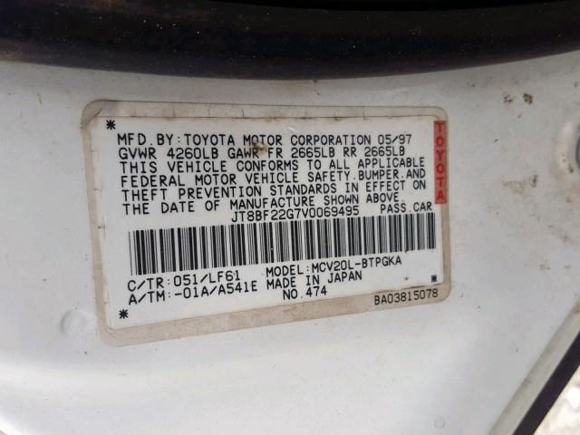 JT8BF22G7V0069495 - 1997 LEXUS ES 300 WHITE photo 10