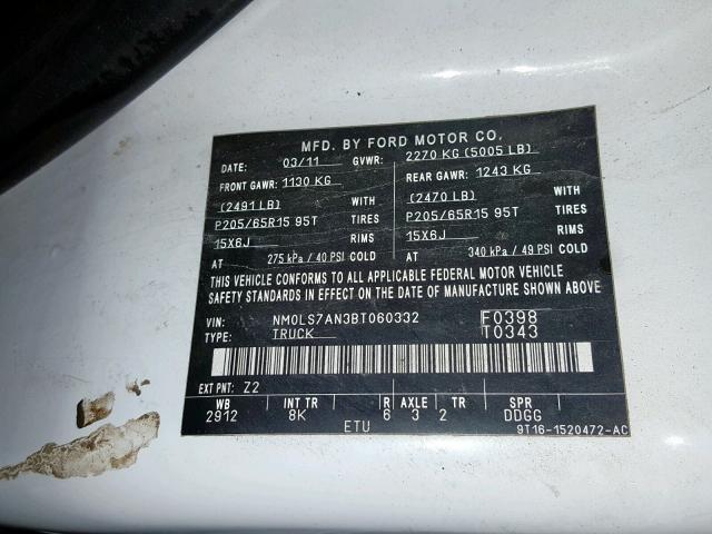 NM0LS7AN3BT060332 - 2011 FORD TRANSIT CO WHITE photo 10