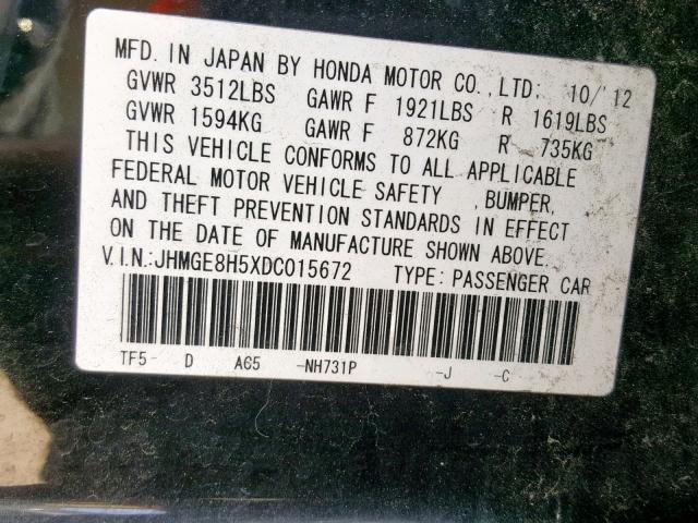 JHMGE8H5XDC015672 - 2013 HONDA FIT SPORT BLACK photo 10