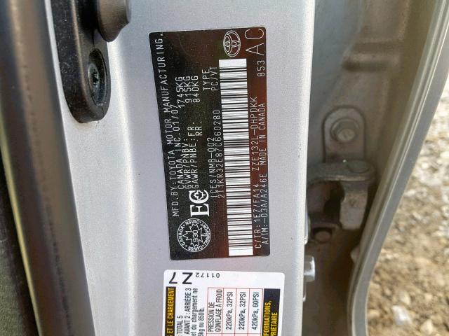 2T1KR32E87C660280 - 2007 TOYOTA MATRIX 银色 照片 10