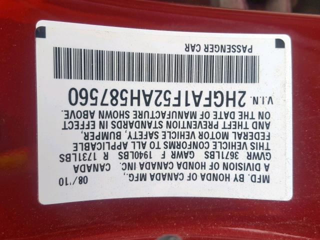 2HGFA1F52AH587560 - 2010 HONDA CIVIC LX RED photo 10