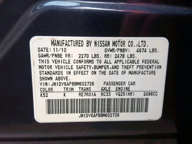 JN1DV6AP8BM602726 - 2011 INFINITI G25 BASE BLUE photo 10