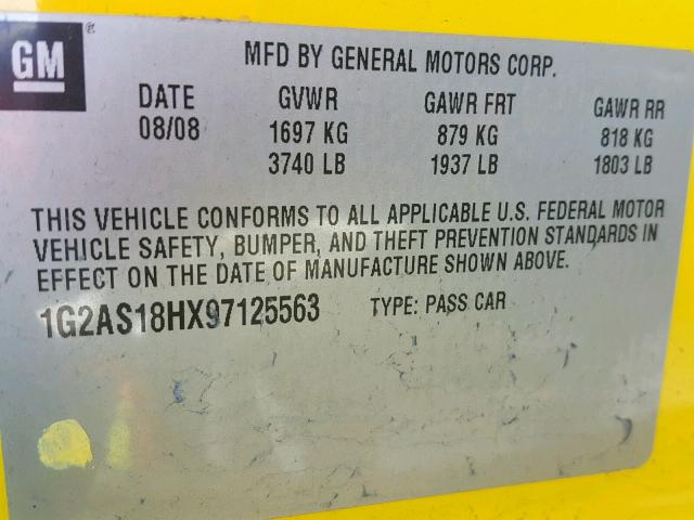 1G2AS18HX97125563 - 2009 PONTIAC G5 YELLOW photo 10