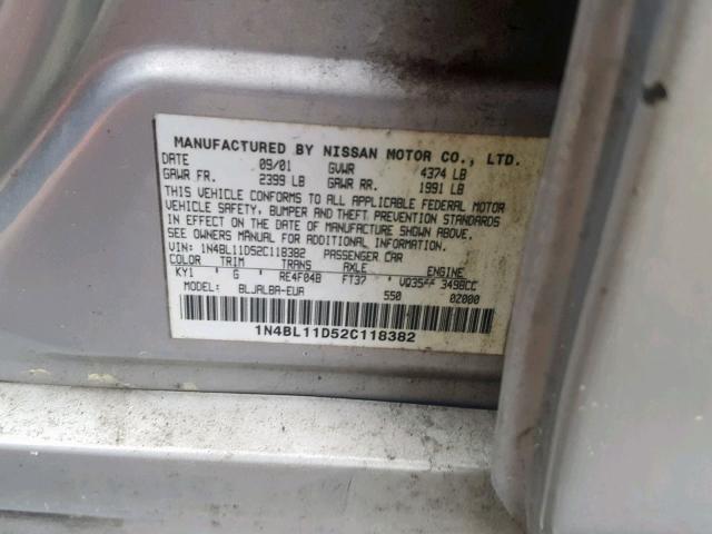 1N4BL11D52C118382 - 2002 NISSAN ALTIMA SE SILVER photo 10