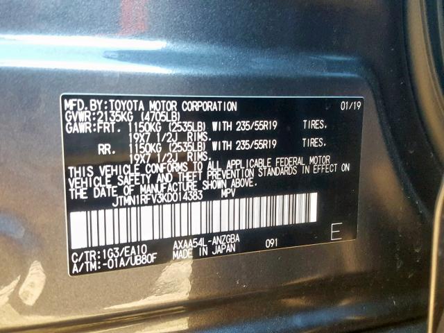 JTMN1RFV3KD014383 - 2019 TOYOTA RAV4 LIMIT GRAY photo 10