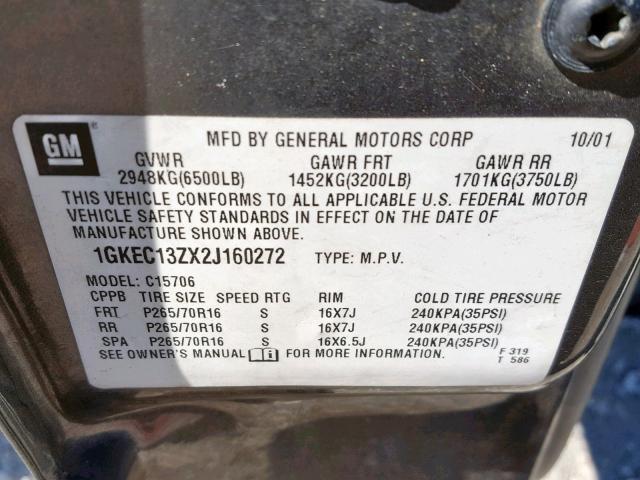 1GKEC13ZX2J160272 - 2002 GMC YUKON GRAY photo 10