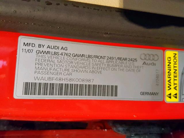 WAUBF48H58K008987 - 2008 AUDI A4 S-LINE RED photo 10