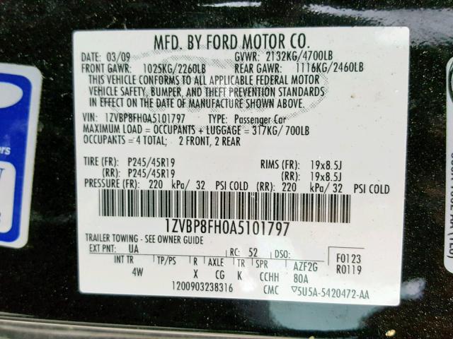 1ZVBP8FH0A5101797 - 2010 FORD MUSTANG GT BLACK photo 10