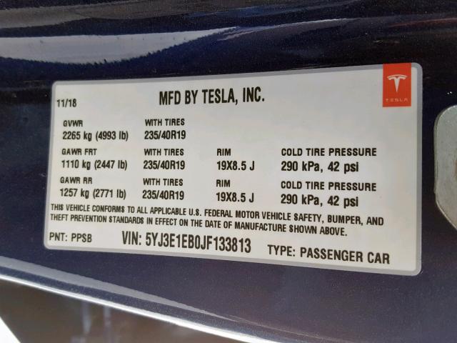 5YJ3E1EB0JF133813 - 2018 TESLA MODEL 3 BLUE photo 10