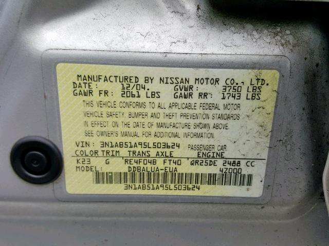 3N1AB51A95L503624 - 2005 NISSAN SENTRA SE- GRAY photo 10