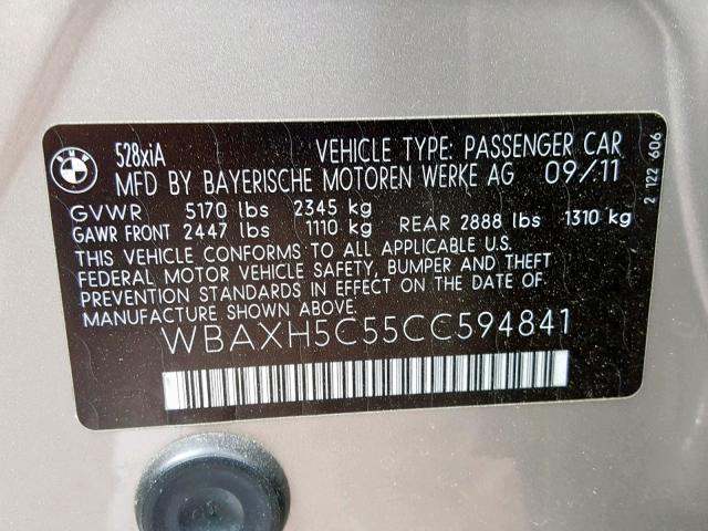 WBAXH5C55CC594841 - 2012 BMW 528 XI GOLD photo 10