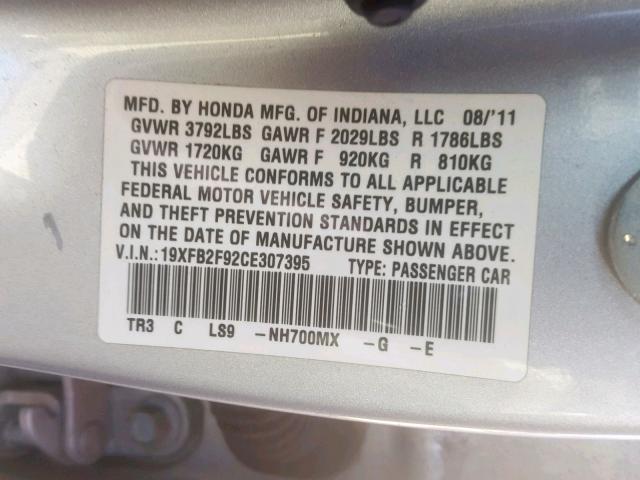 19XFB2F92CE307395 - 2012 HONDA CIVIC EXL SILVER photo 10