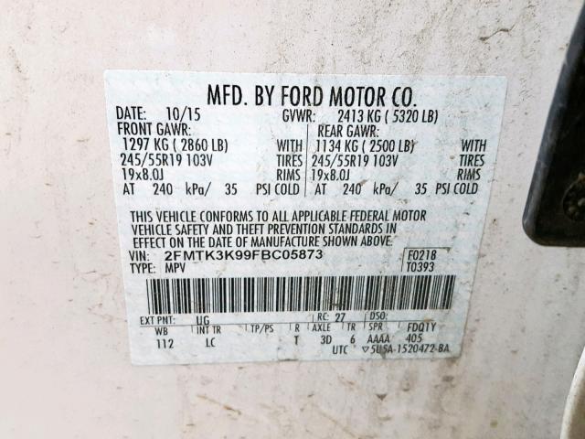 2FMTK3K99FBC05873 - 2015 FORD EDGE TITAN WHITE photo 10