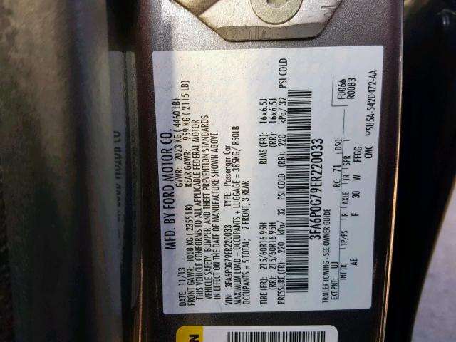 3FA6P0G79ER220033 - 2014 FORD FUSION S GRAY photo 10