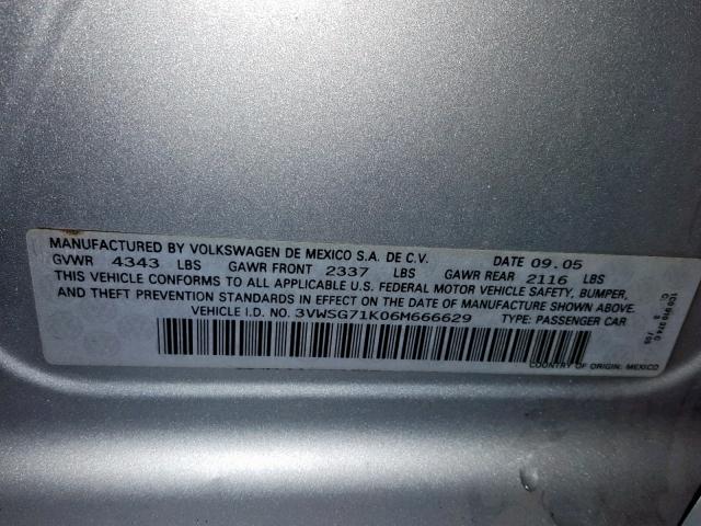 3VWSG71K06M666629 - 2006 VOLKSWAGEN JETTA 2.5 SILVER photo 10