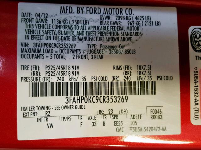 3FAHP0KC9CR353269 - 2012 FORD FUSION SPO MAROON photo 10