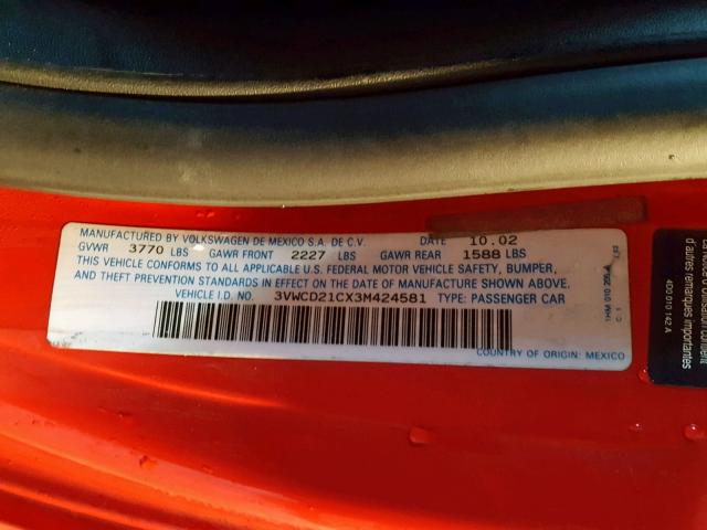 3VWCD21CX3M424581 - 2003 VOLKSWAGEN NEW BEETLE Qırmızı foto 10