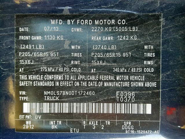 NM0LS7BN0DT172460 - 2013 FORD TRANSIT CO BLUE photo 10