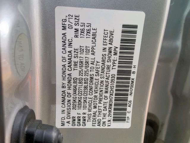 2HKRM3H7XCH510930 - 2012 HONDA CR-V EXL SILVER photo 10