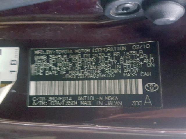 JTKDE3B79A0316070 - 2010 TOYOTA SCION TC BURGUNDY photo 10