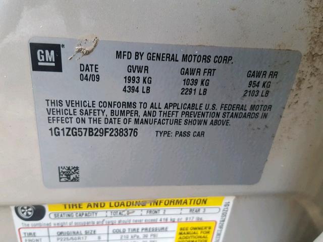 1G1ZG57B29F238376 - 2009 CHEVROLET MALIBU LS TAN photo 10