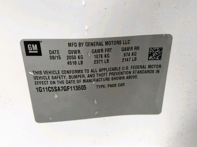 1G11C5SA7GF113605 - 2016 CHEVROLET MALIBU LIM 白色 照片 10