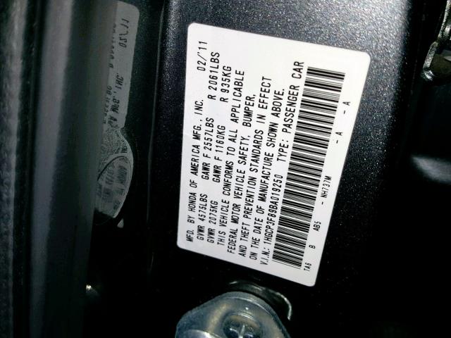 1HGCP3F89BA019250 - 2011 HONDA ACCORD EXL GRAY photo 10