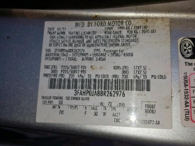 3FAHP0JA8BR262976 - 2011 FORD FUSION SEL SILVER photo 10