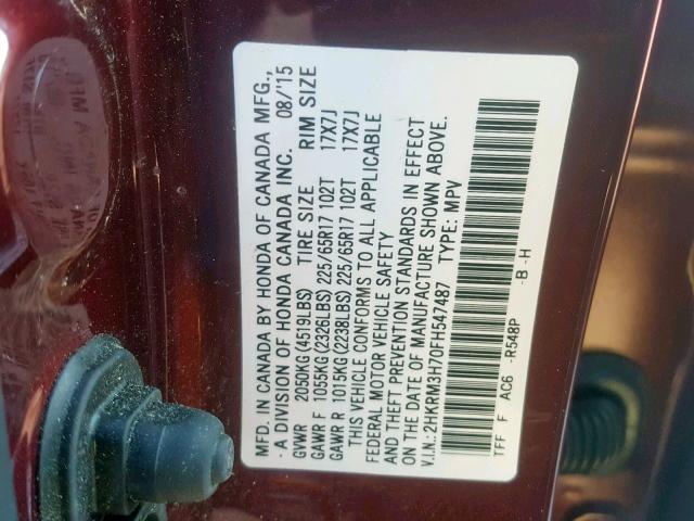 2HKRM3H70FH547487 - 2015 HONDA CR-V EXL BURGUNDY photo 10