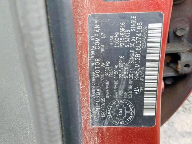 KM8JM12B16U374188 - 2006 HYUNDAI TUCSON GL RED photo 9