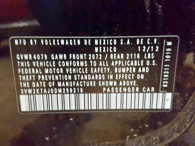 3VW2K7AJ0DM259218 - 2013 VOLKSWAGEN JETTA BASE BLACK photo 10