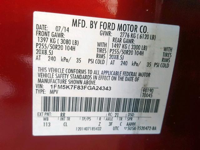 1FM5K7F83FGA24343 - 2015 FORD EXPLORER L BURGUNDY photo 10