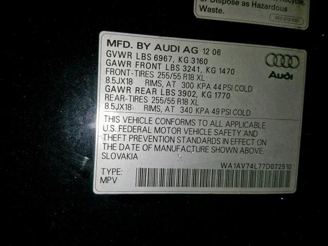 WA1AV74L77D072510 - 2007 AUDI Q7 4.2 QUA BLACK photo 10