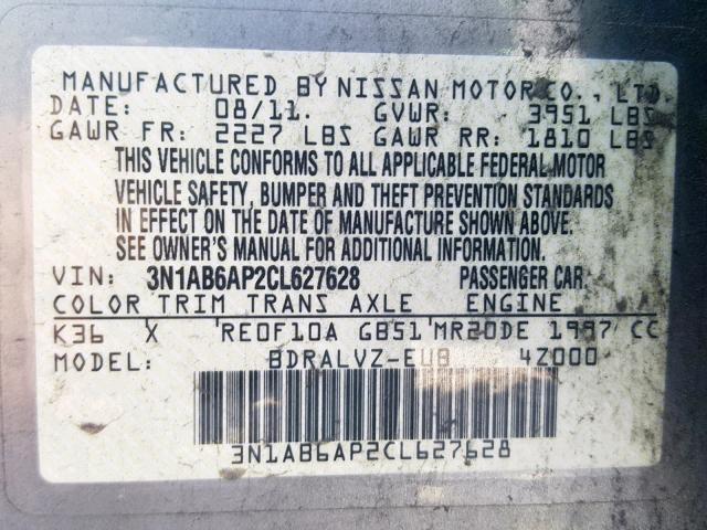 3N1AB6AP2CL627628 - 2012 NISSAN SENTRA 2.0 GRAY photo 10