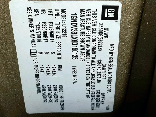 1GNDV33LX6D150135 - 2006 CHEVROLET UPLANDER L 金色 照片 10