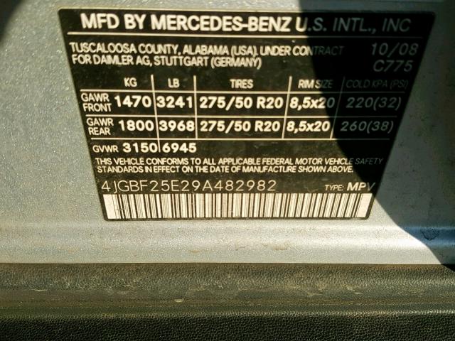 4JGBF25E29A482982 - 2009 MERCEDES-BENZ GL SILVER photo 10